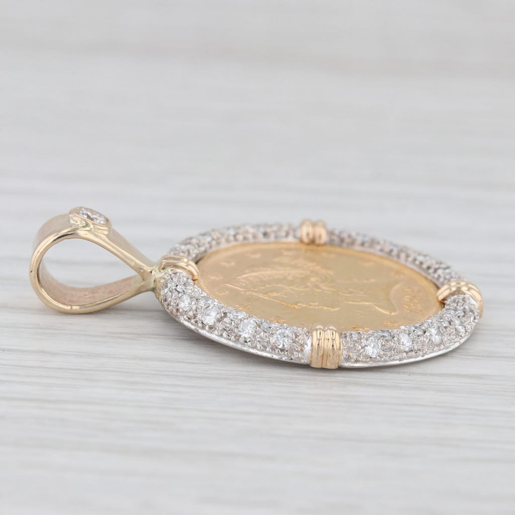 Light Gray 0.66ctw Diamond Bezel 5 Dollar 1902 Liberty Coin Pendant 14k Yellow White Gold