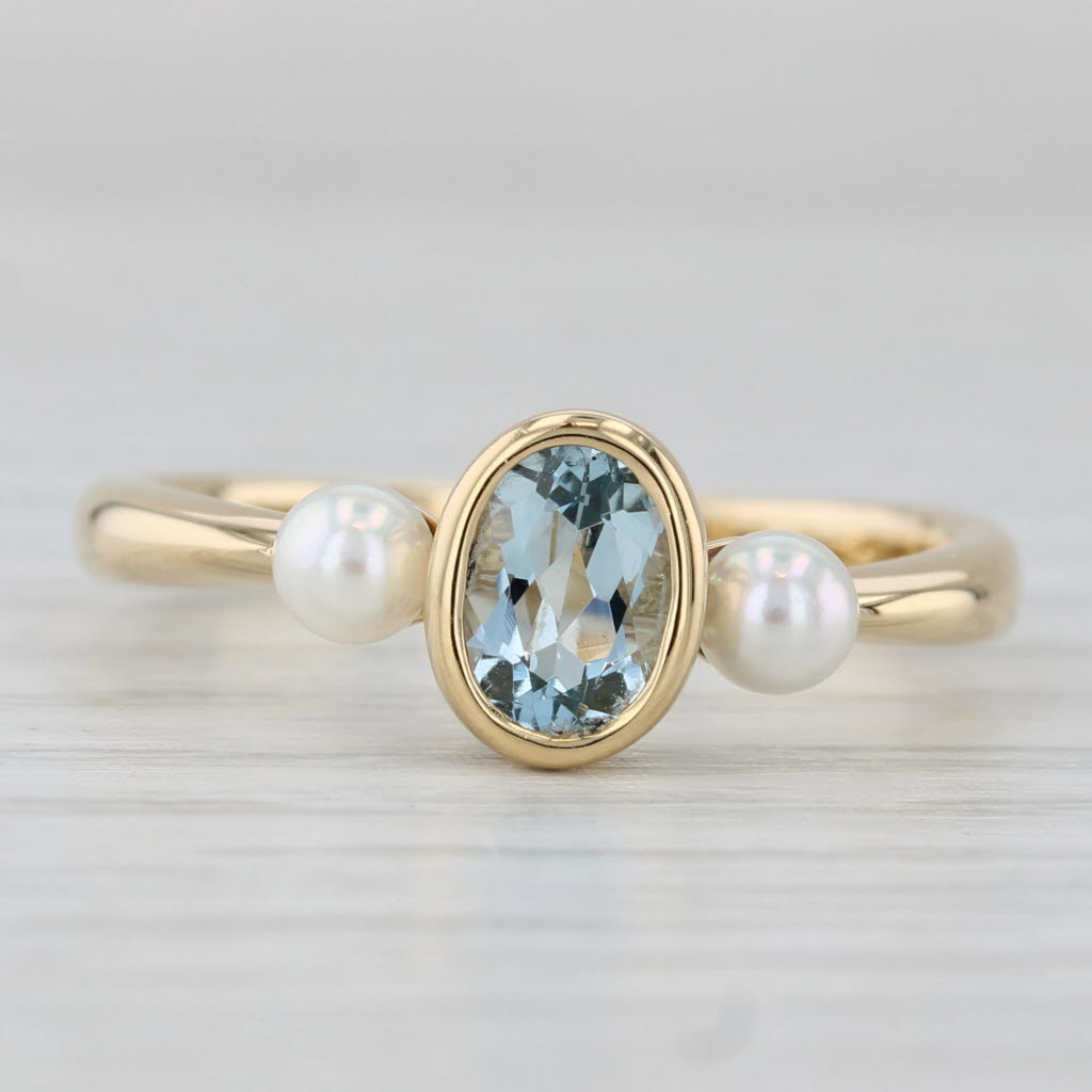 Light Gray 0.76ct Oval Aquamarine Cultured Pearl Ring 18k Yellow Gold Size 9