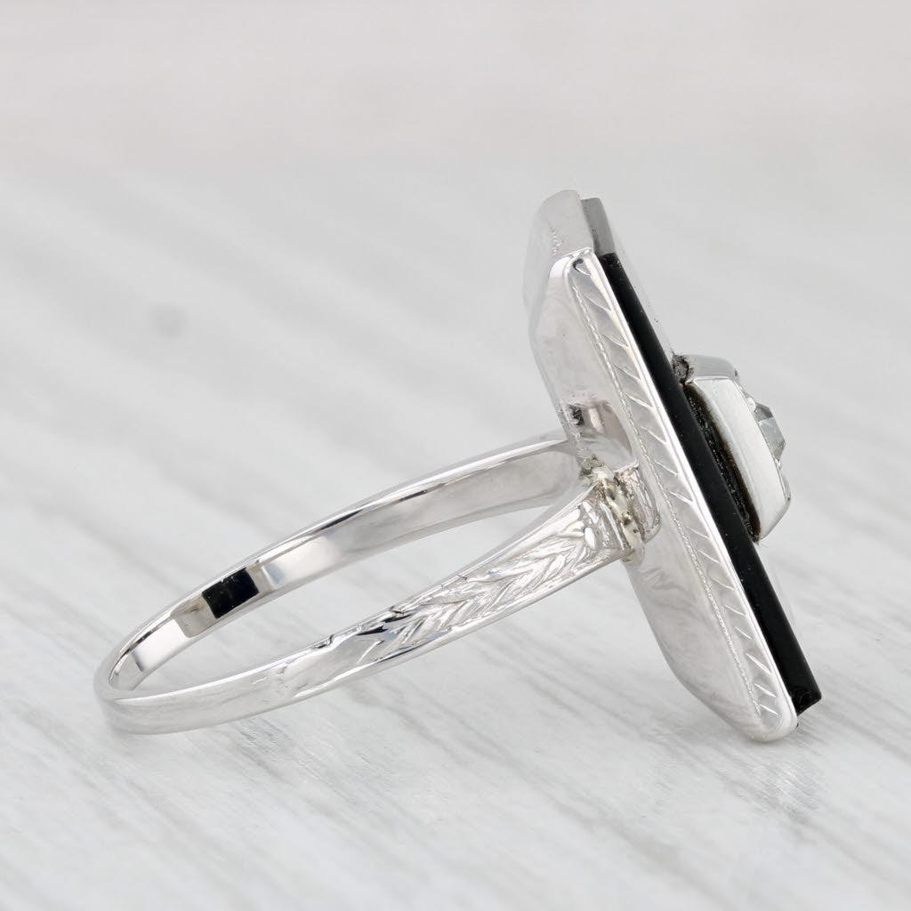 Light Gray Onyx Diamond Signet Ring 14k White Gold Vintage Wheat Band Size 6.25