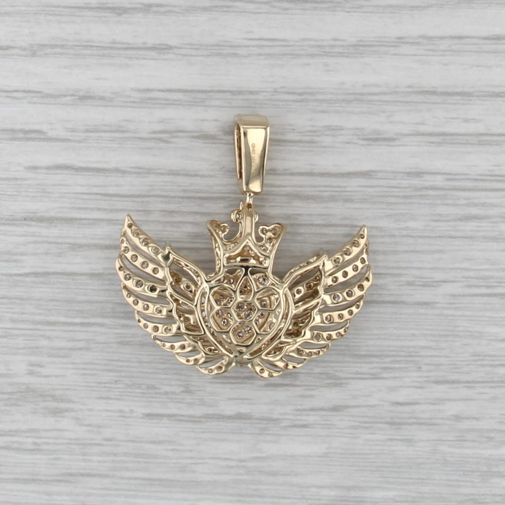 New 2ctw Diamond Crown Heart Wings Pendant 10k Yellow Gold Statement