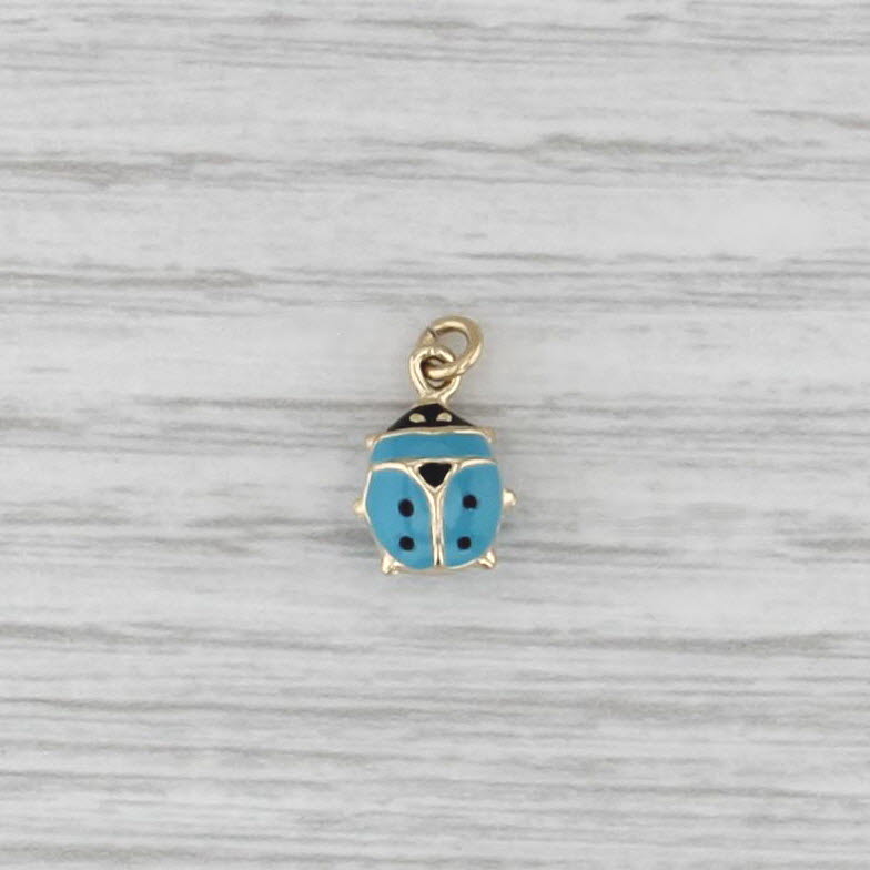 Blue Ladybug Charm 14k Yellow Gold Resin Small Drop Pendant Good Luck