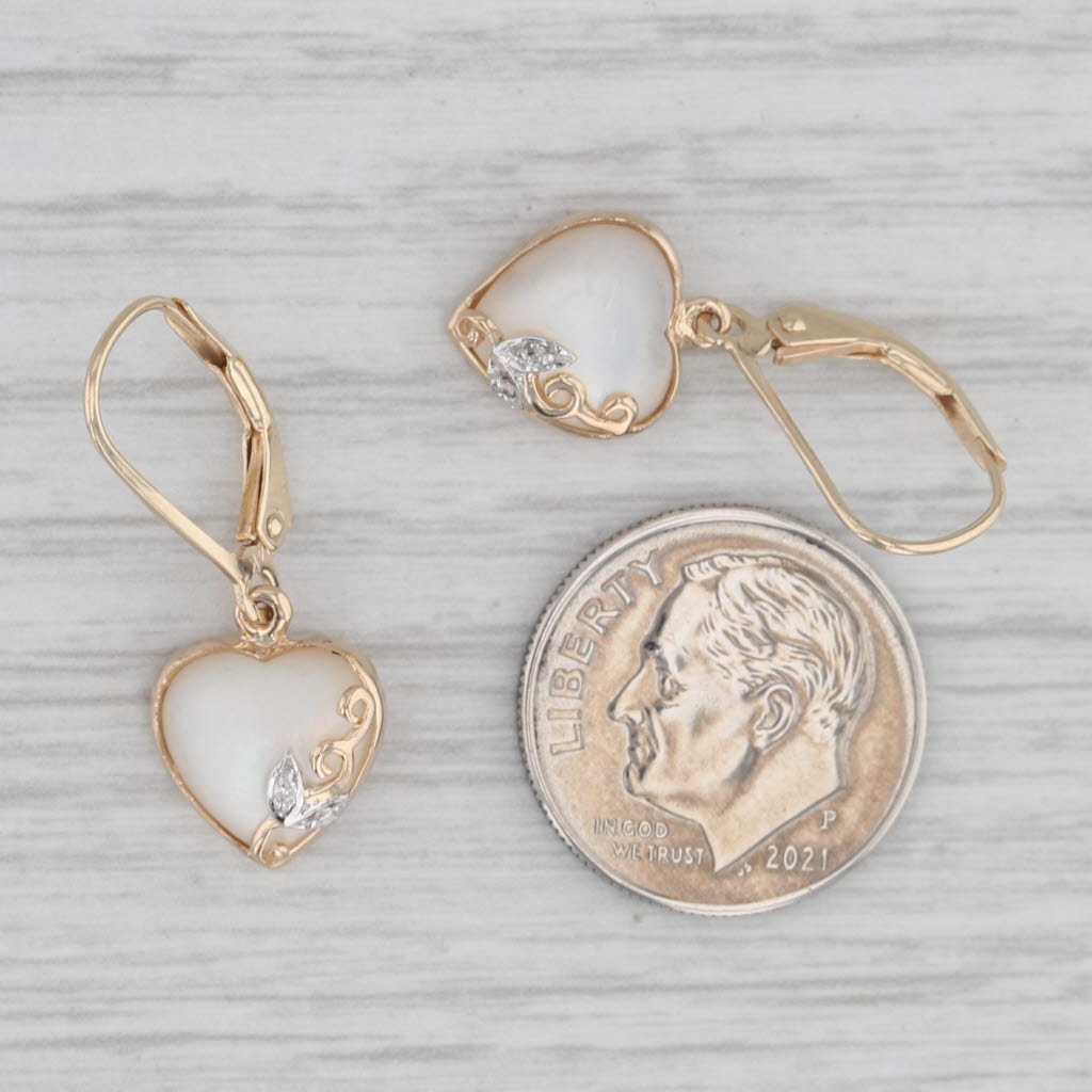 Gray Mother of Pearl Heart Dangle Earrings 14k Yellow Gold Diamonds Lever Backs