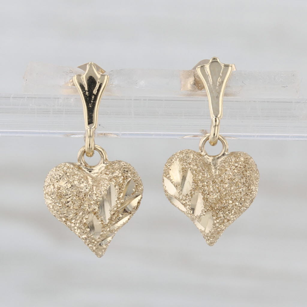 Brushed Puffy Heart Drop Earrings 14k Yellow Gold Dangles
