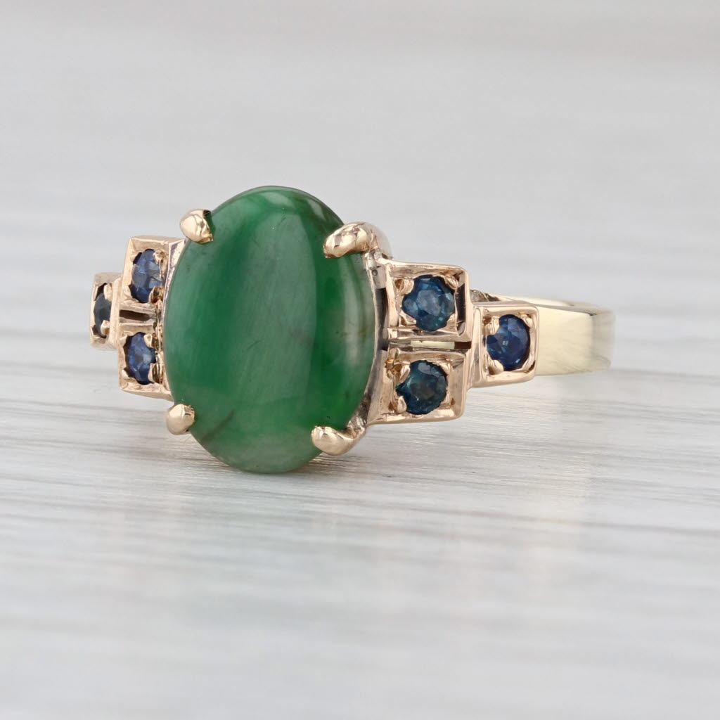 Vintage Green Jadeite Jade Blue Sapphire Ring 14k Yellow Gold Size 6.75