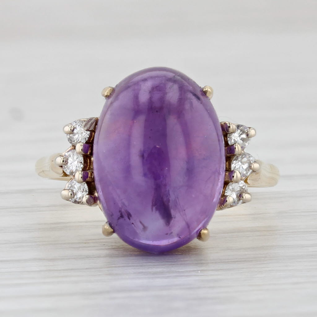 Light Gray Amethyst Oval Cabochon Diamond Ring 18k Yellow Gold Size 6