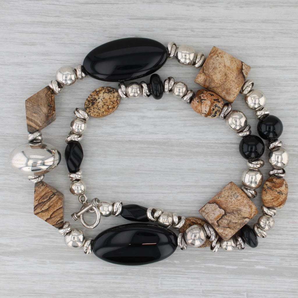 Gray Jasper Onyx Obsidian Bead Statement Necklace Sterling Silver 23" Toggle Clasp