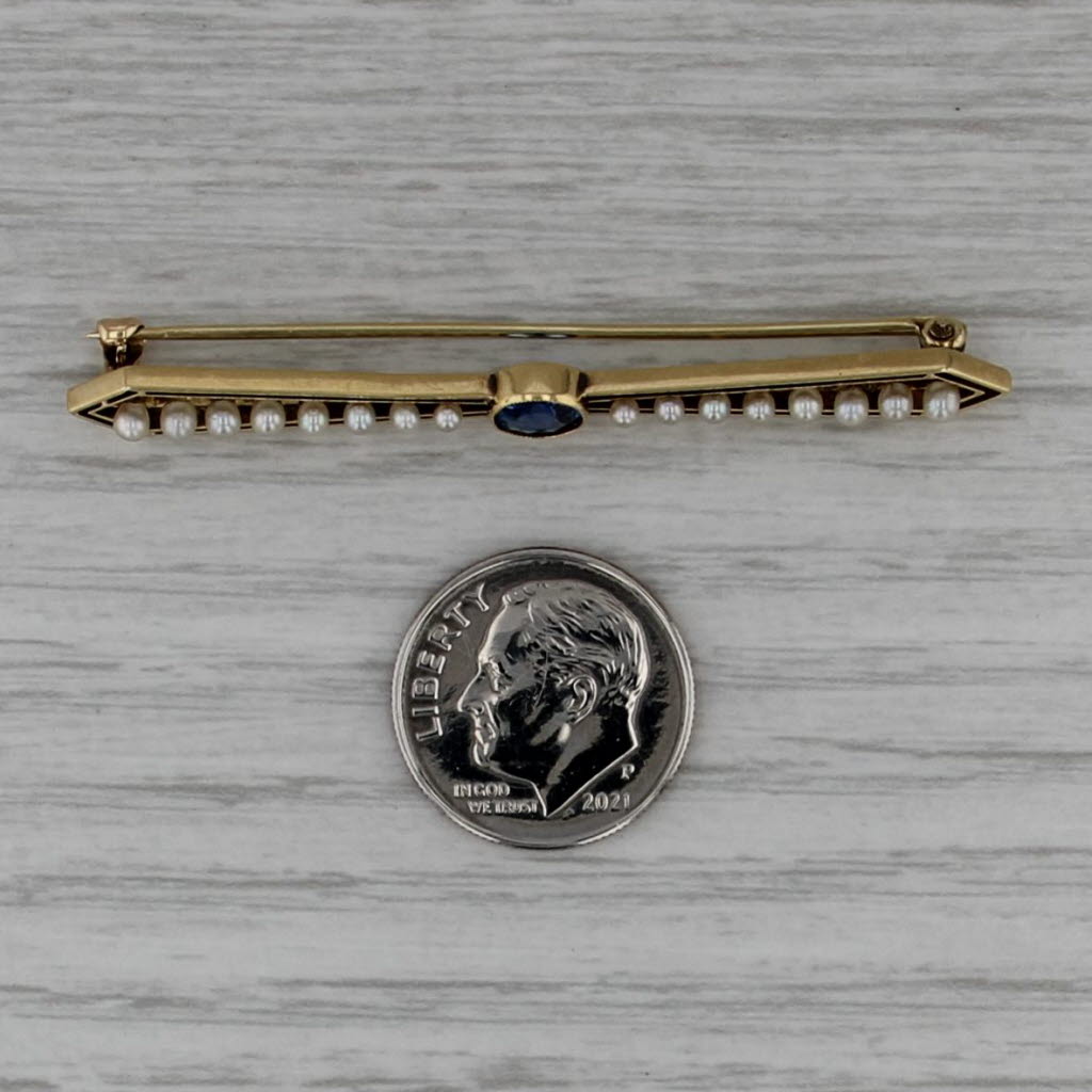 Vintage Lab Created Sapphire Pearl Bar Pin 14k Yellow Gold Brooch