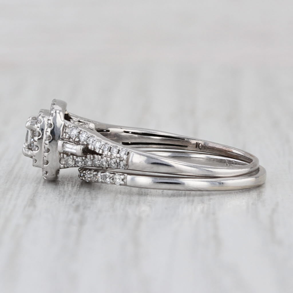 0.58ctw Diamond Halo Engagement Ring wedding Band Set 10k White Gold Size 7.5