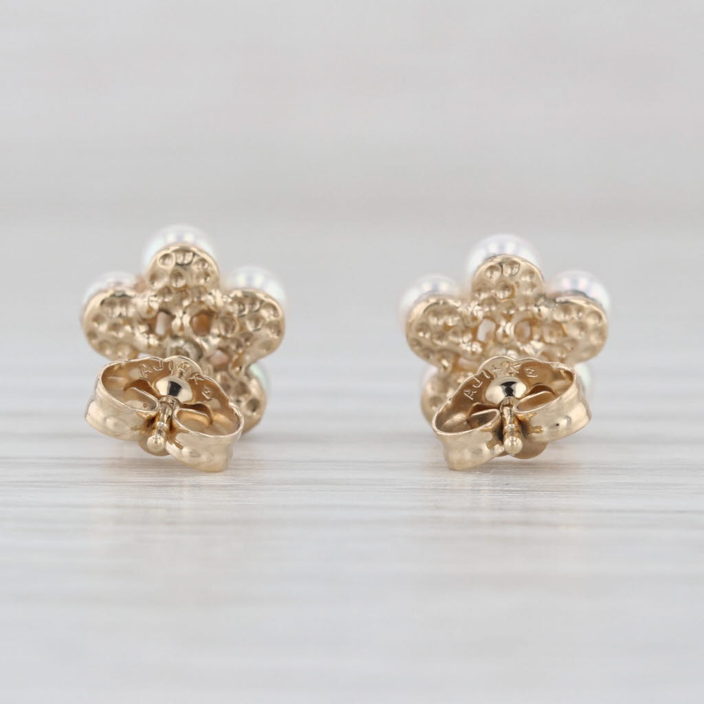 Vintage Cultured Pearl Cluster Stud Earrings 14k Yellow Gold Studs