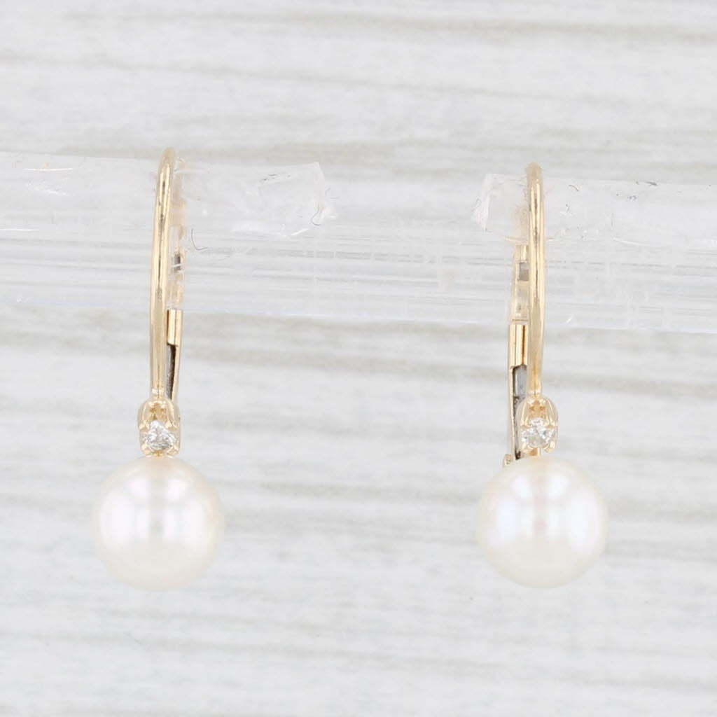 Light Gray Cultured Pearl Drop Earrings 14k Yellow Gold Diamond Accents