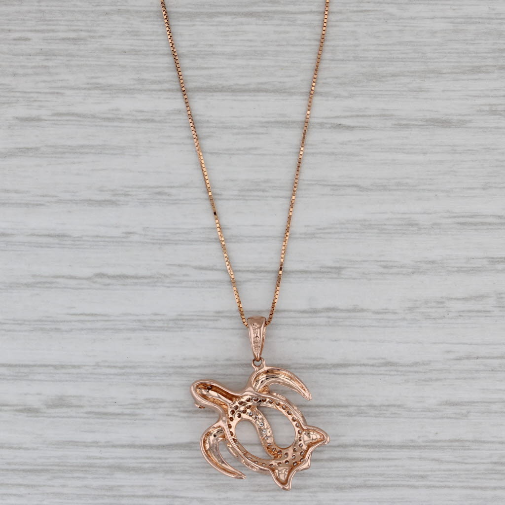 Gray Diamond Sea Turtle Pendant Necklace 14k Rose Gold 18.75" Box Chain