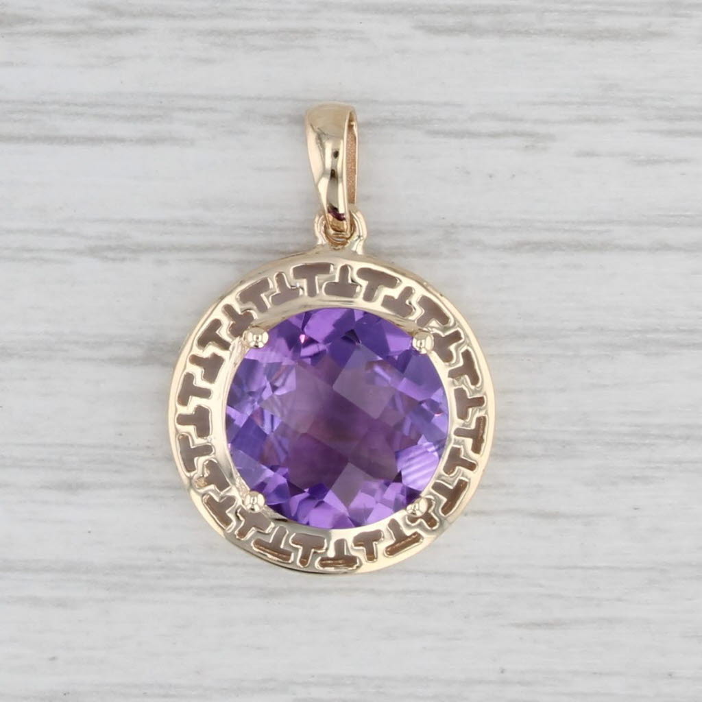 Light Gray 5ct Round Amethyst Solitaire Pendant 10k Yellow Gold Greek Key Pattern
