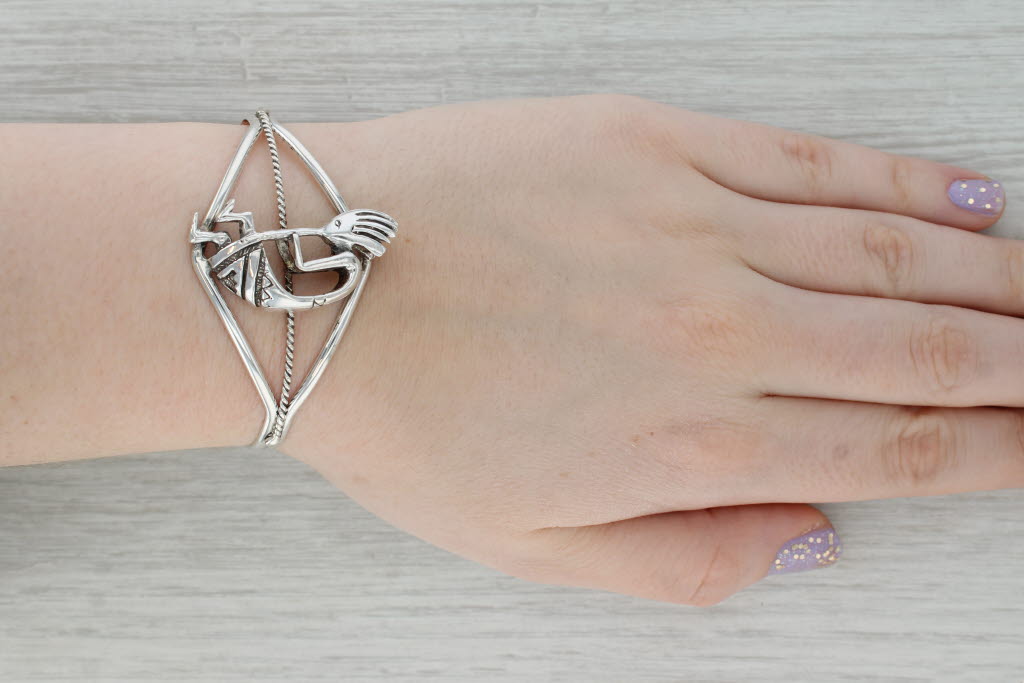 Dark Gray Kokopelli Tirbal Figural Cuff Bracelet Sterling Silver Statement 6.75"