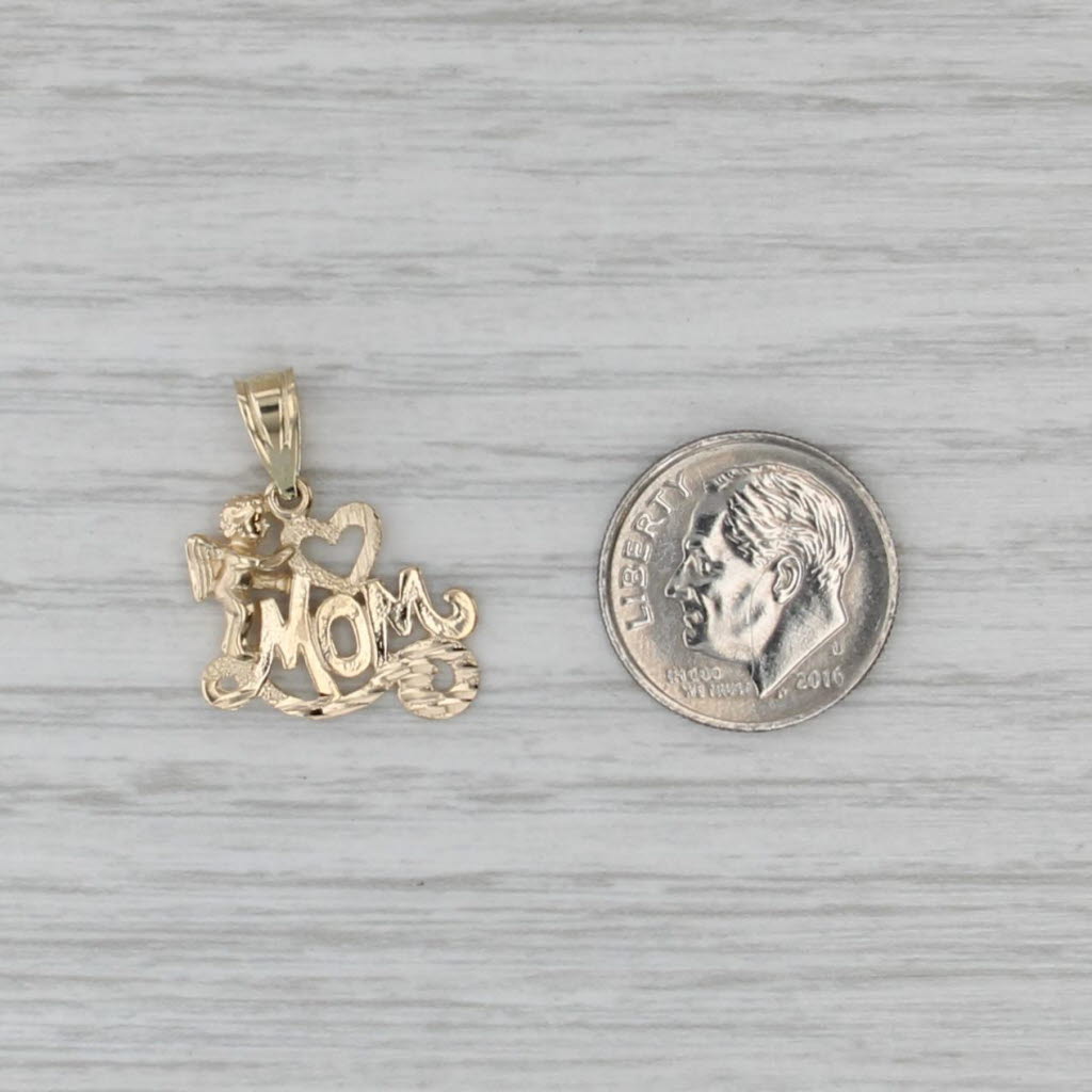 "Mom" Cherub Angel Heart Pendant 14k Yellow Gold Gift for Mom