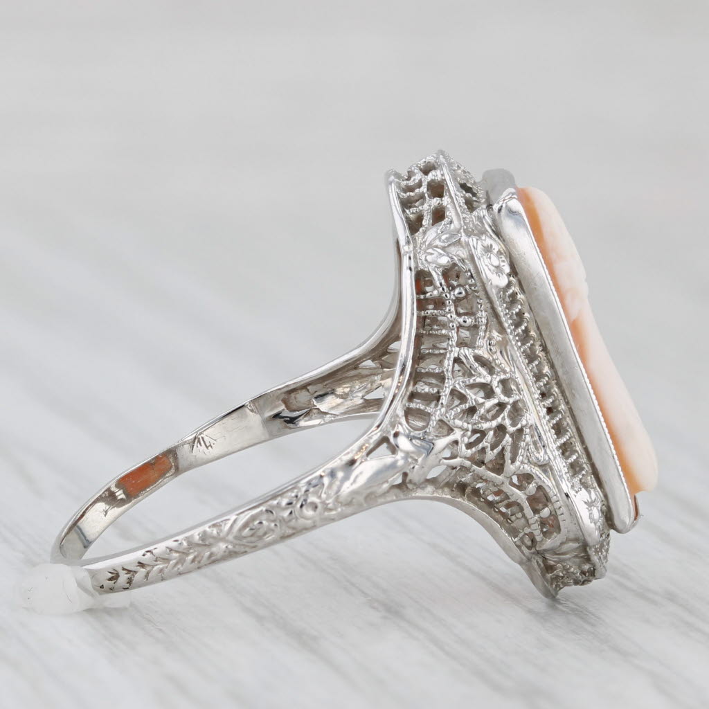 Light Gray Vintage Cameo Filigree Ring Carved Shell 14k White Gold Size 8.25