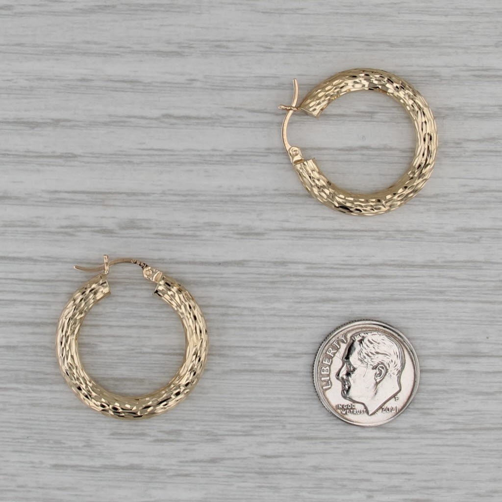 Textured Pattern Hoop Earrings 14k Yellow Gold Snap Top Round Hoops
