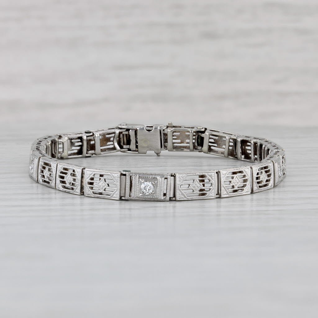 Art Deco 0.13ctw Diamond Filigree Bracelet 14k White Gold 6" 4.6mm