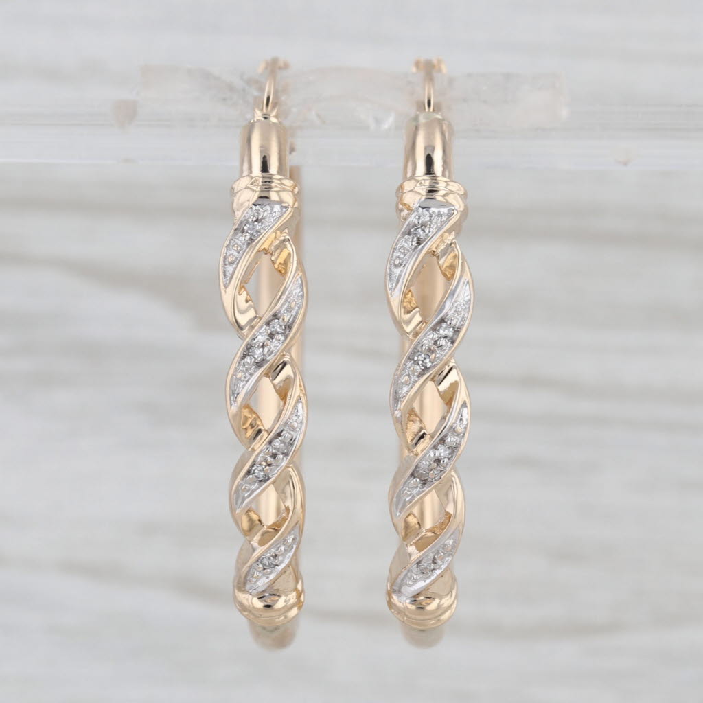 Diamond Accented Twist Hoop Earrings 10k Yellow Gold Snap Top Round Hoops