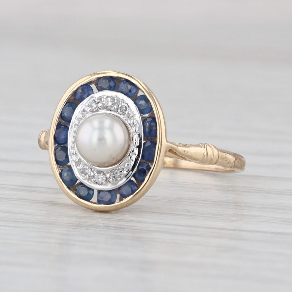 Vintage Cultured Pearl Sapphire Diamond Halo Ring 14k Yellow Gold Size 7.75
