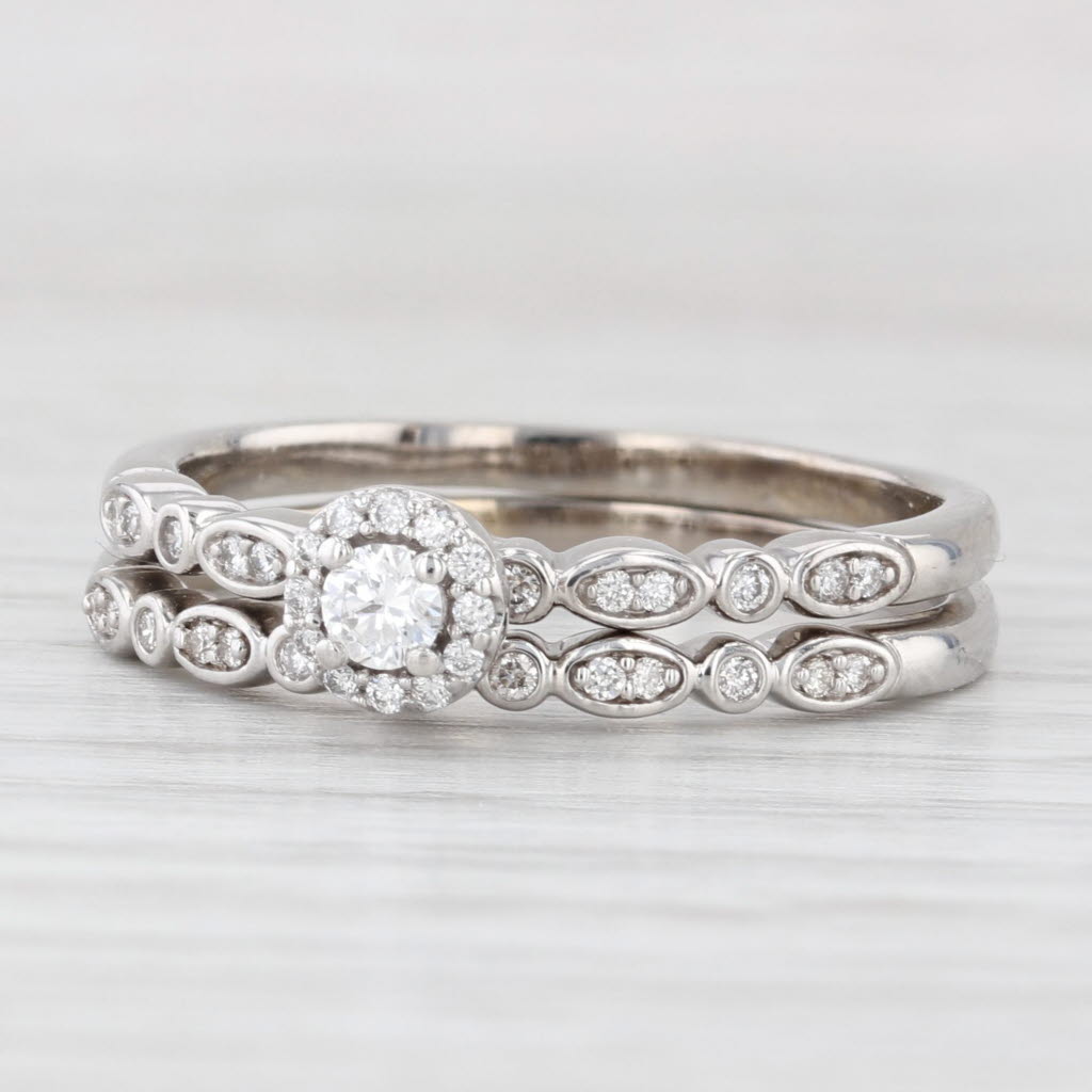 Light Gray 0.30ctw Diamond Halo Engagement Ring Wedding Band Bridal Set 14k White Gold