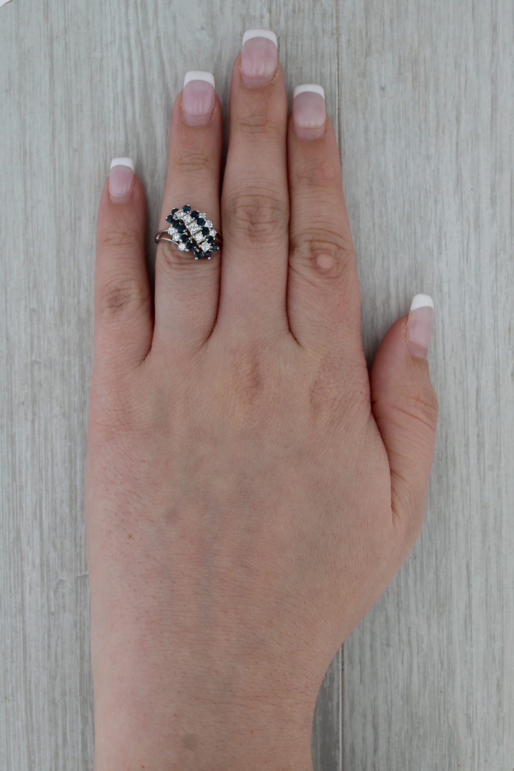 1ctw Blue Sapphire Diamond Cluster Bypass Ring 14k White Gold Size 5.25