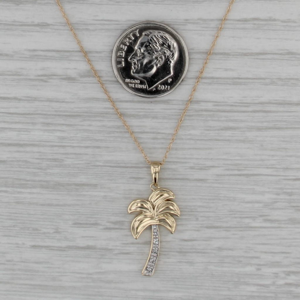 Diamond Palm Tree Pendant Necklace 14k Yellow Gold 18.25" Rope Chain