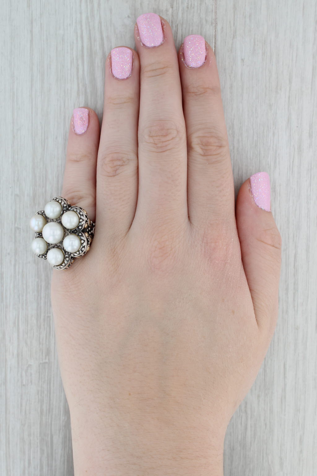 Gray John Hardy Cultured Pearl Cluster Ring Sterling Silver 18k Gold Size 7 Statement