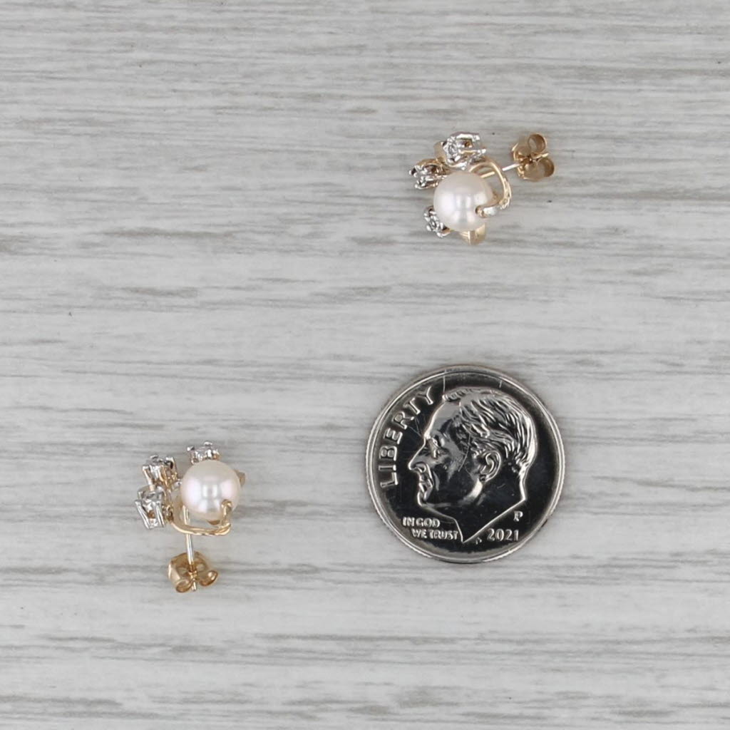 Cultured Pearl Diamond Flower Stud Earrings 14k Yellow Gold Studs