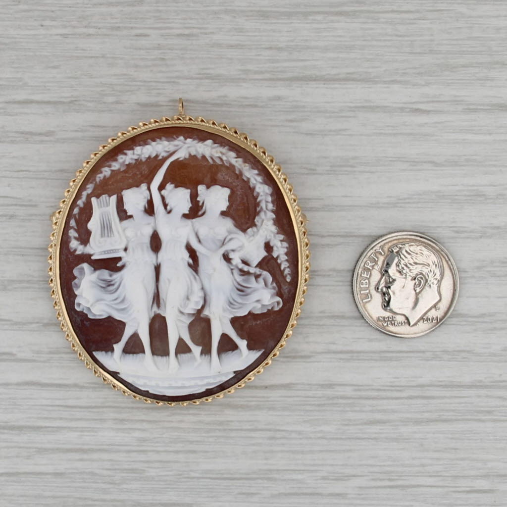 Three Graces Cameo Brooch 14k Yellow Gold Vintage Carved Shell Pendant Pin