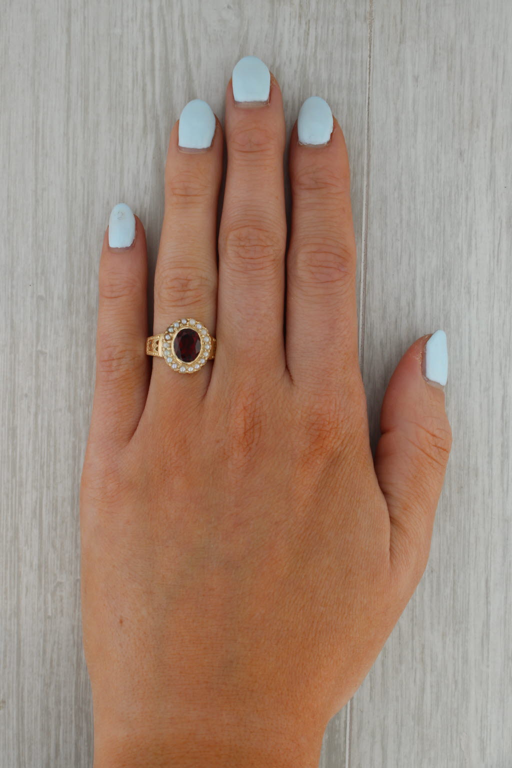 Rosy Brown Vintage 2ct Garnet Seed Pearl Halo Ring 14k Yellow Gold Size 6.5