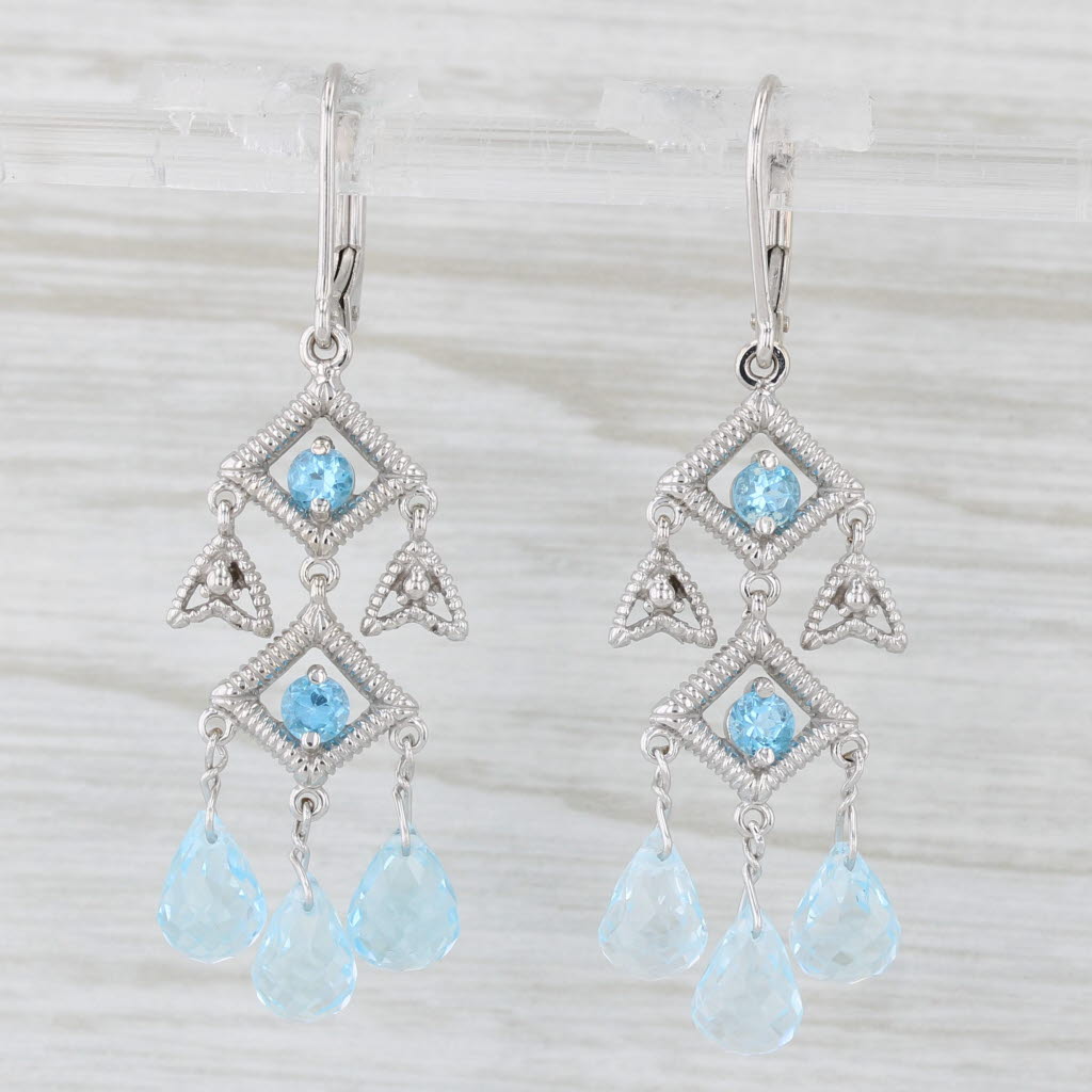 Light Gray Blue Topaz Briolette Dangle Earrings 14k White Gold Chandelier Drops