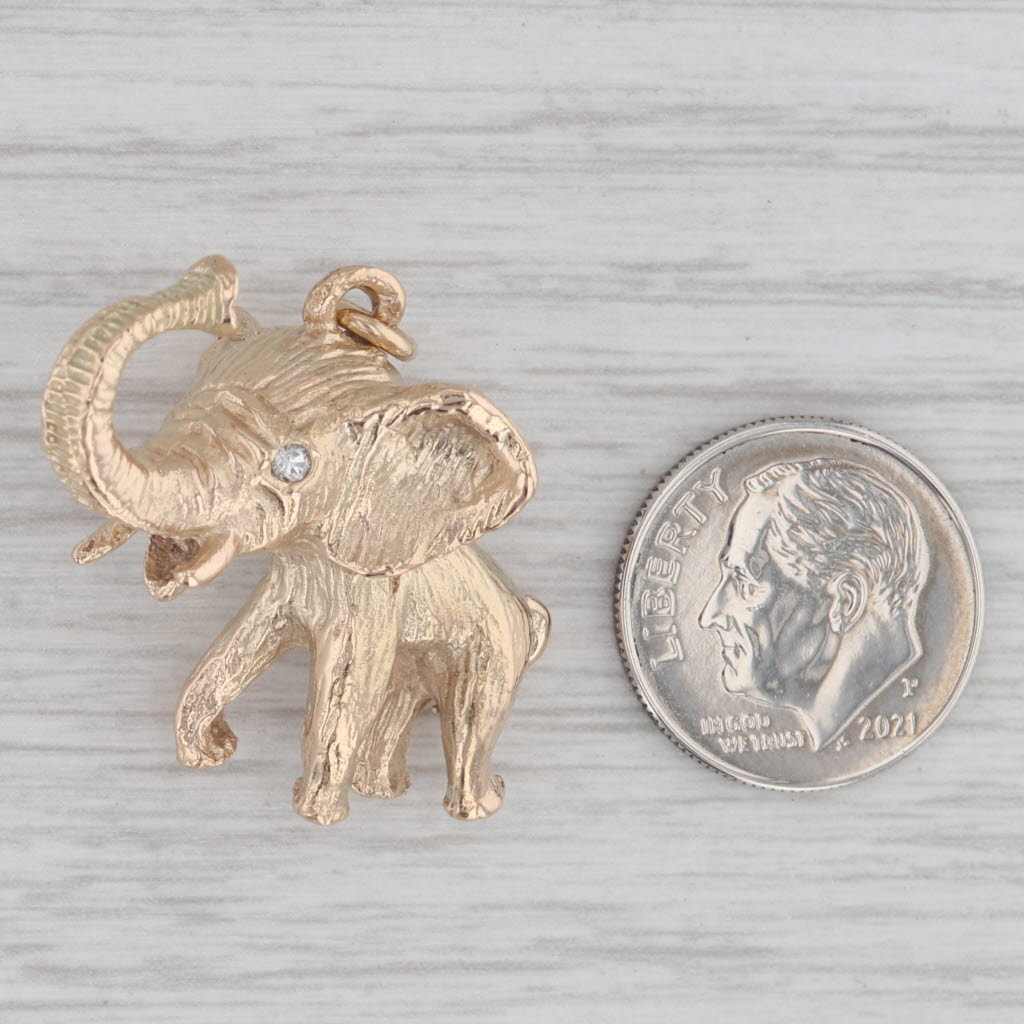 Gray Diamond Eyed Baby Elephant Charm 12k Yellow Gold Figural Figurine Animal Jewelry
