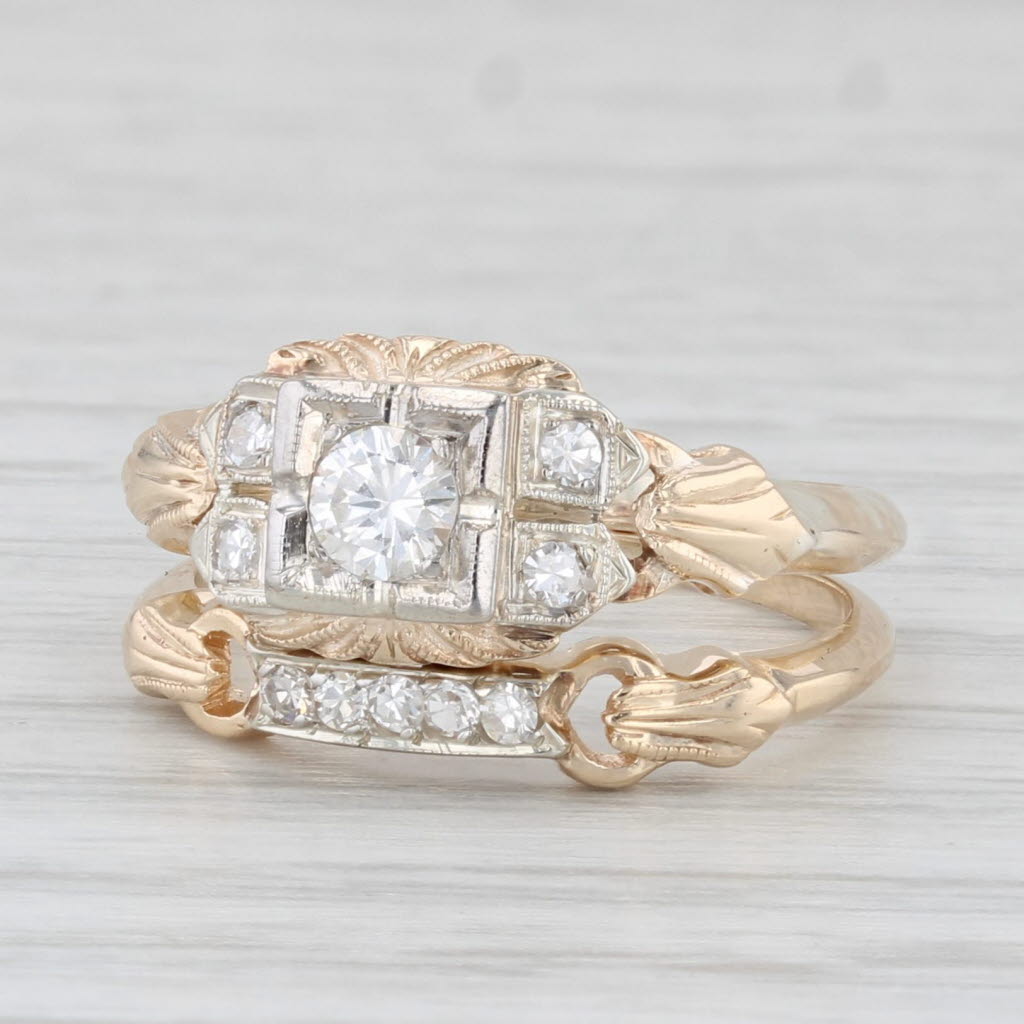 Light Gray Vintage 0.28ctw Diamond Engagement Ring Wedding Band Bridal Set 14k Yellow Gold
