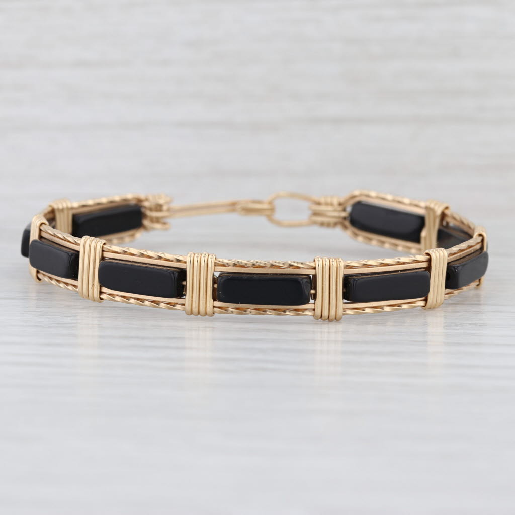 Vintage Onyx Wire Wrap Bangle Bracelet Yellow Gold Filled 7.25" 9.5mm Hook Clasp