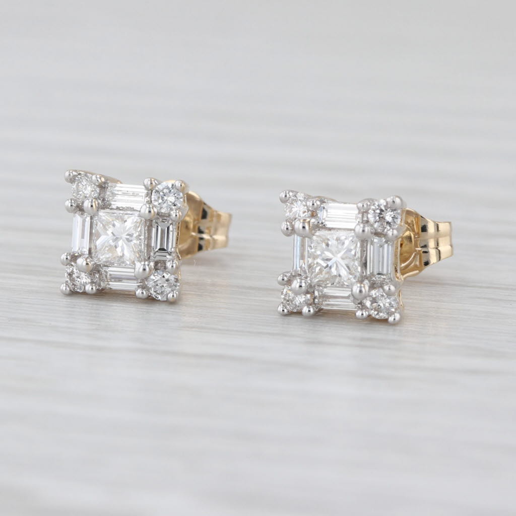 0.74ctw Diamond Halo Stud Earrings 14k Yellow Gold Square Studs