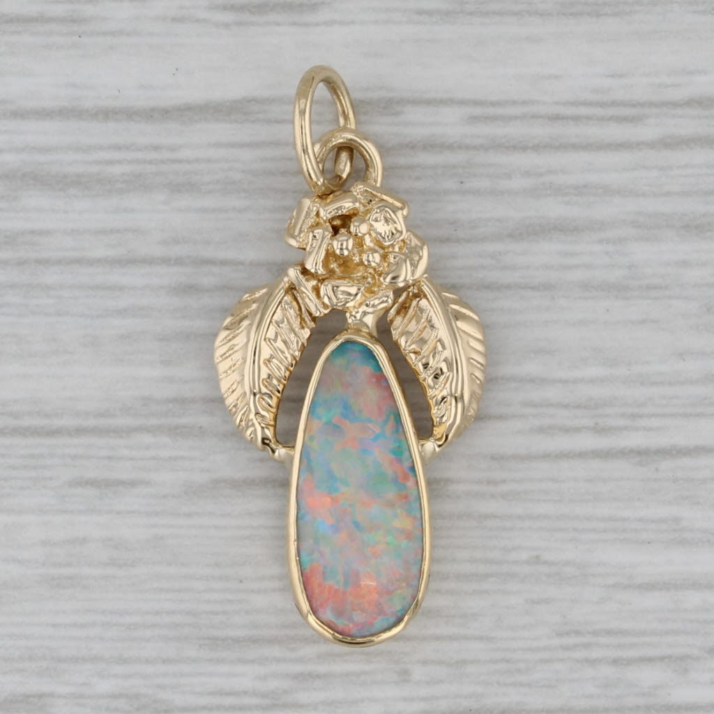 Gray Custom Artisan Opal Flower Pendant 14k Yellow Gold Pear Cabochon Charm
