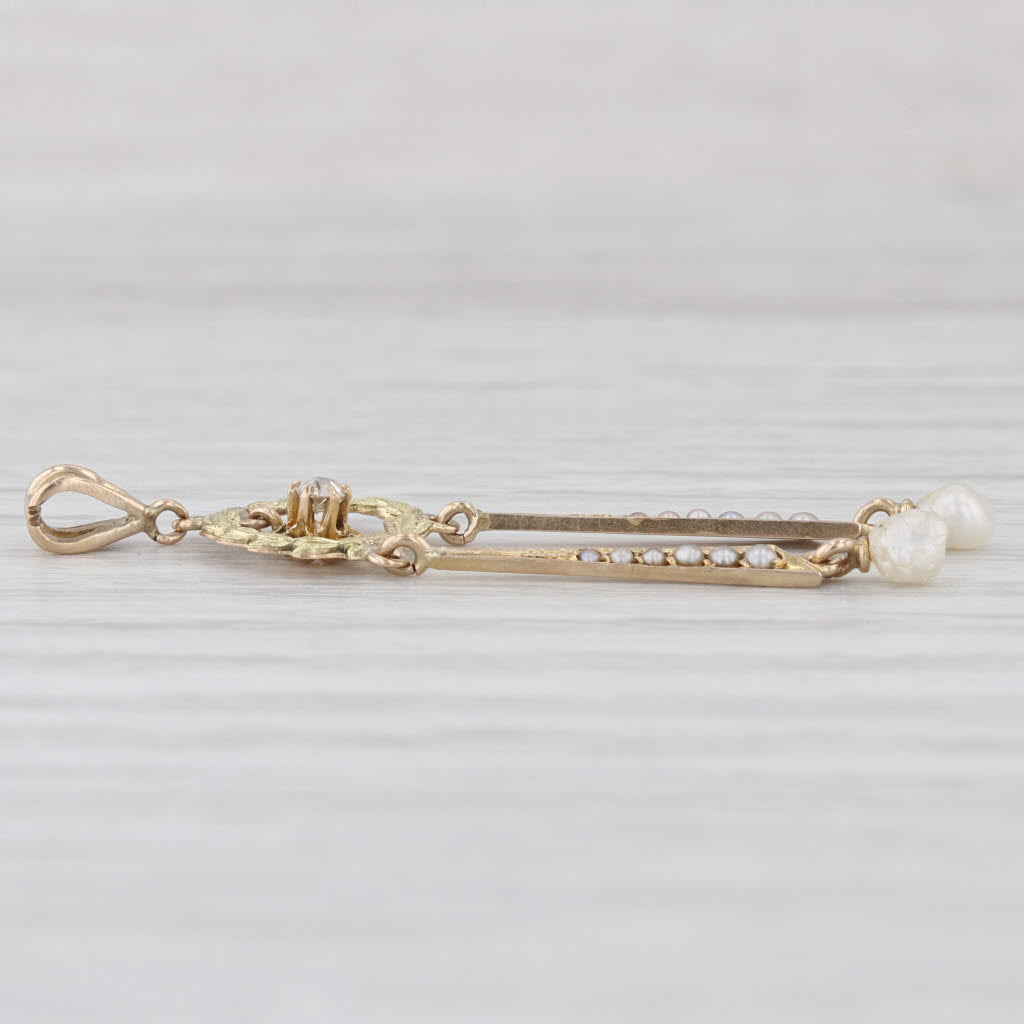 Antique Diamond Pearl Wreath Pendant 10k Yellow Green Gold Lavalier