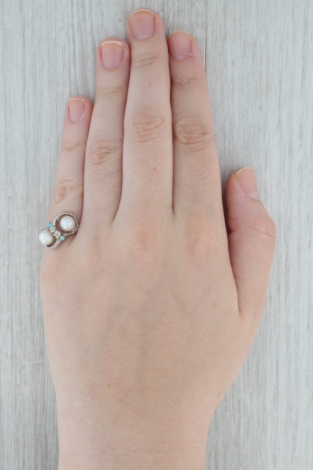Gray Vintage Cultured Pearl Diamond Opal Ring 14k White Gold Size 7