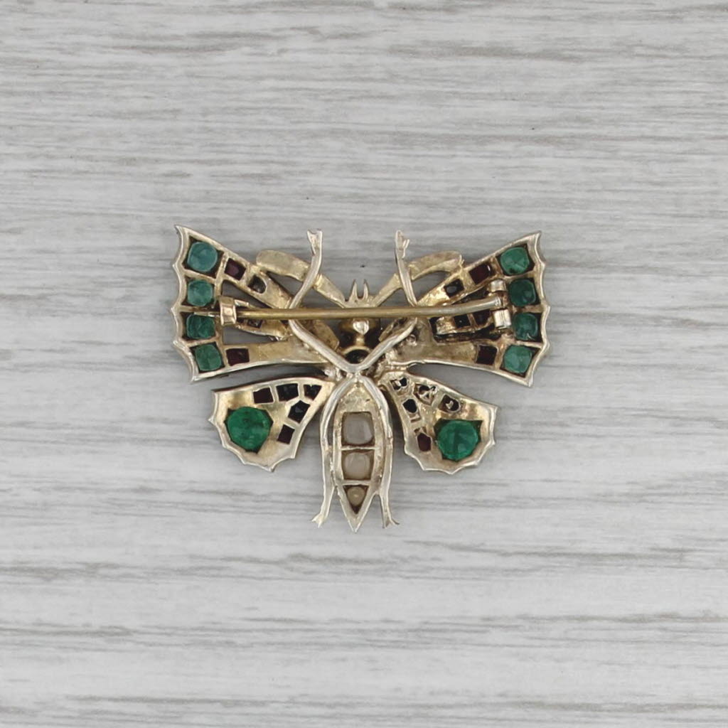 Antique Butterfly Pin 10k Gold Pearl Opal Ruby Diamond Sapphire Emerald Garnet