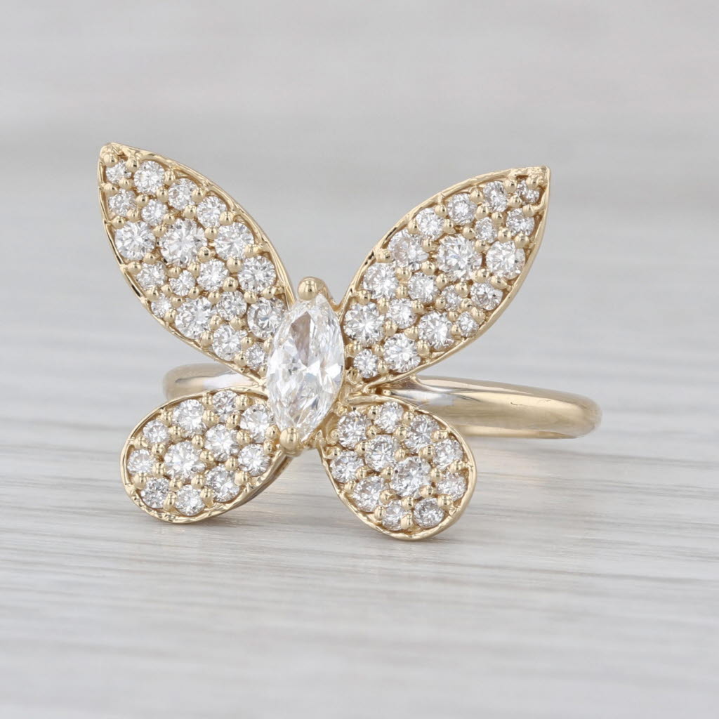 1.36ctw Pave Diamond Marquise Butterfly Ring 14k Yellow Gold Size 7 Coctail