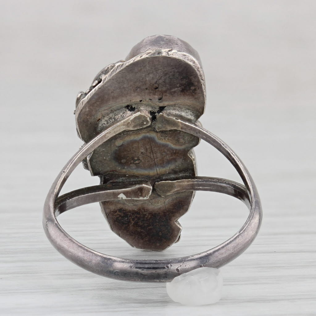 Light Gray Pink Mother of Pearl Floral Feather Ring Vintage Sterling Silver Size 5.25