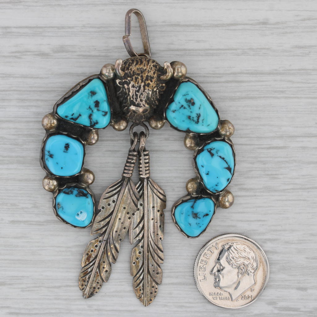 Gray Vintage Buffalo Turquoise Feather Wreath Pendant Sterling Silver Southwestern
