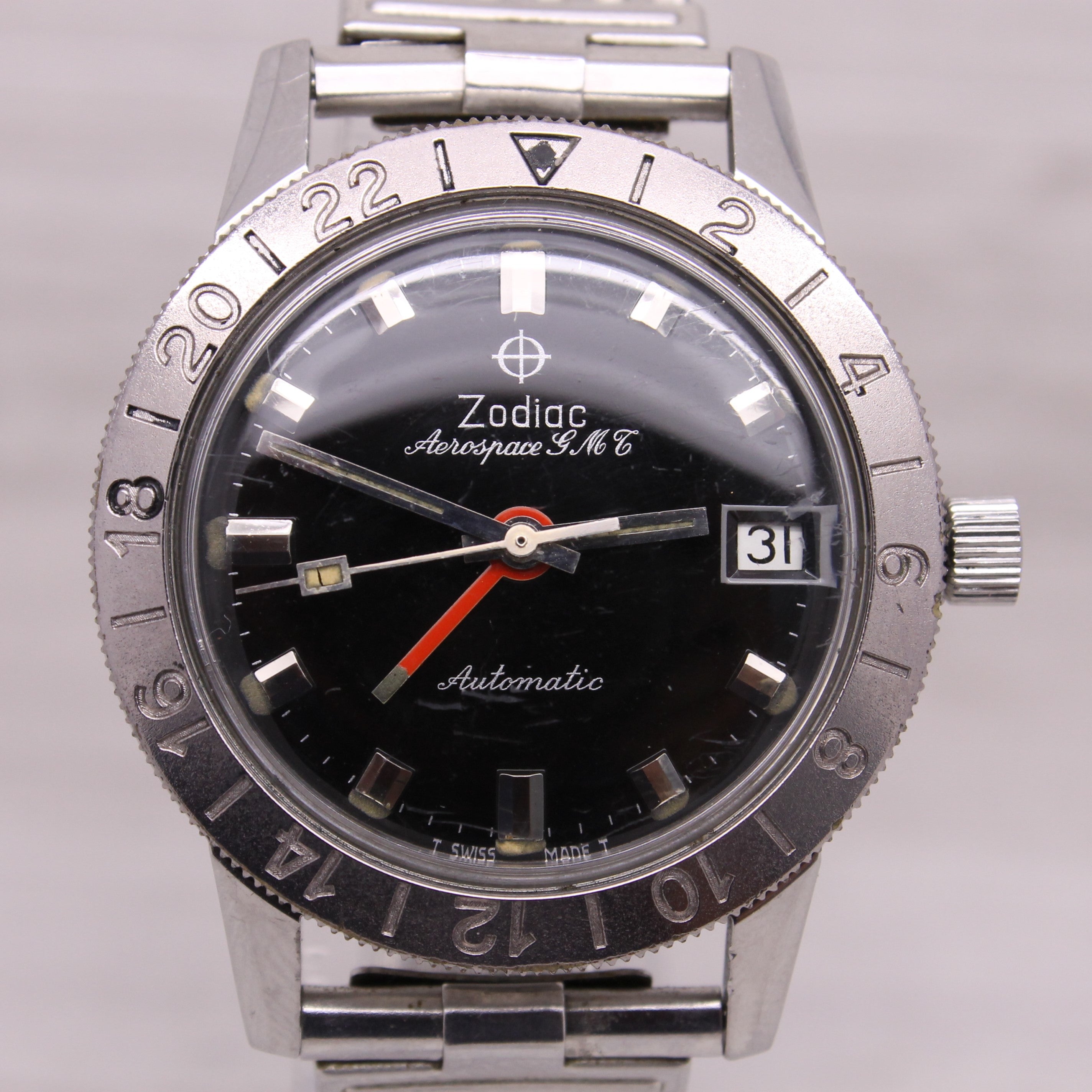 Gray Vintage 1960's Zodiac Aerospace GMT Mens 35mm Steel Automatic Watch JB Champion