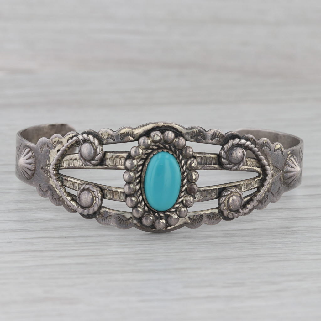 Gray Vintage Native American Stamped Turquoise Cuff Bracelet Sterling Silver 7" Bell