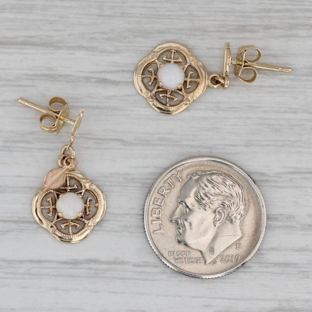 Gray Opal Dangle Earrings 14k Yellow Gold Round Cabochon Drops