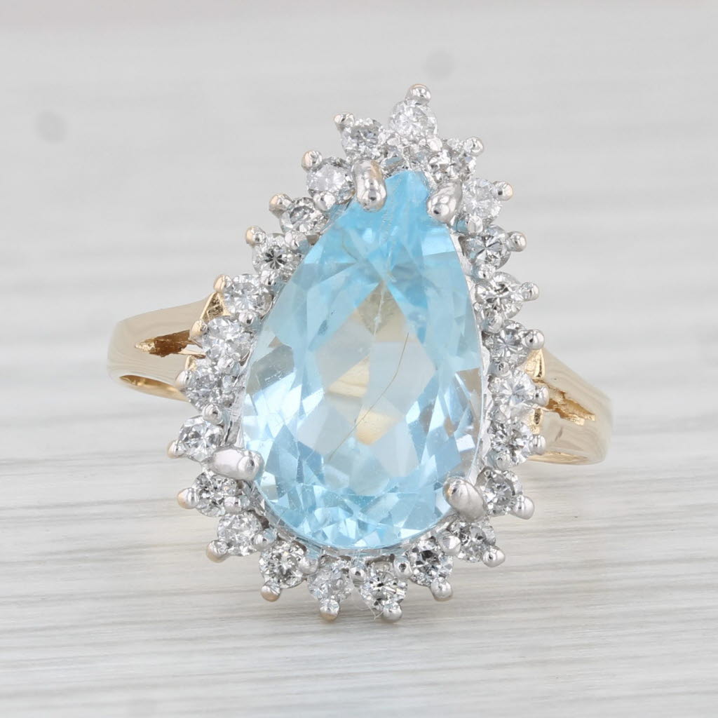 Light Gray 4.26ctw Pear Blue Topaz Diamond Halo Ring 14k Yellow Gold Size 7 Cocktail