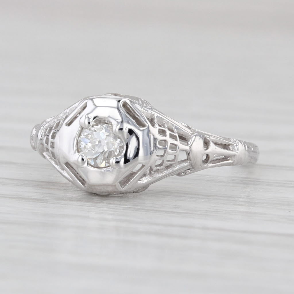 Art Deco 0.23ct Diamond Solitaire Engagement Ring 18k White Gold Size 5.75