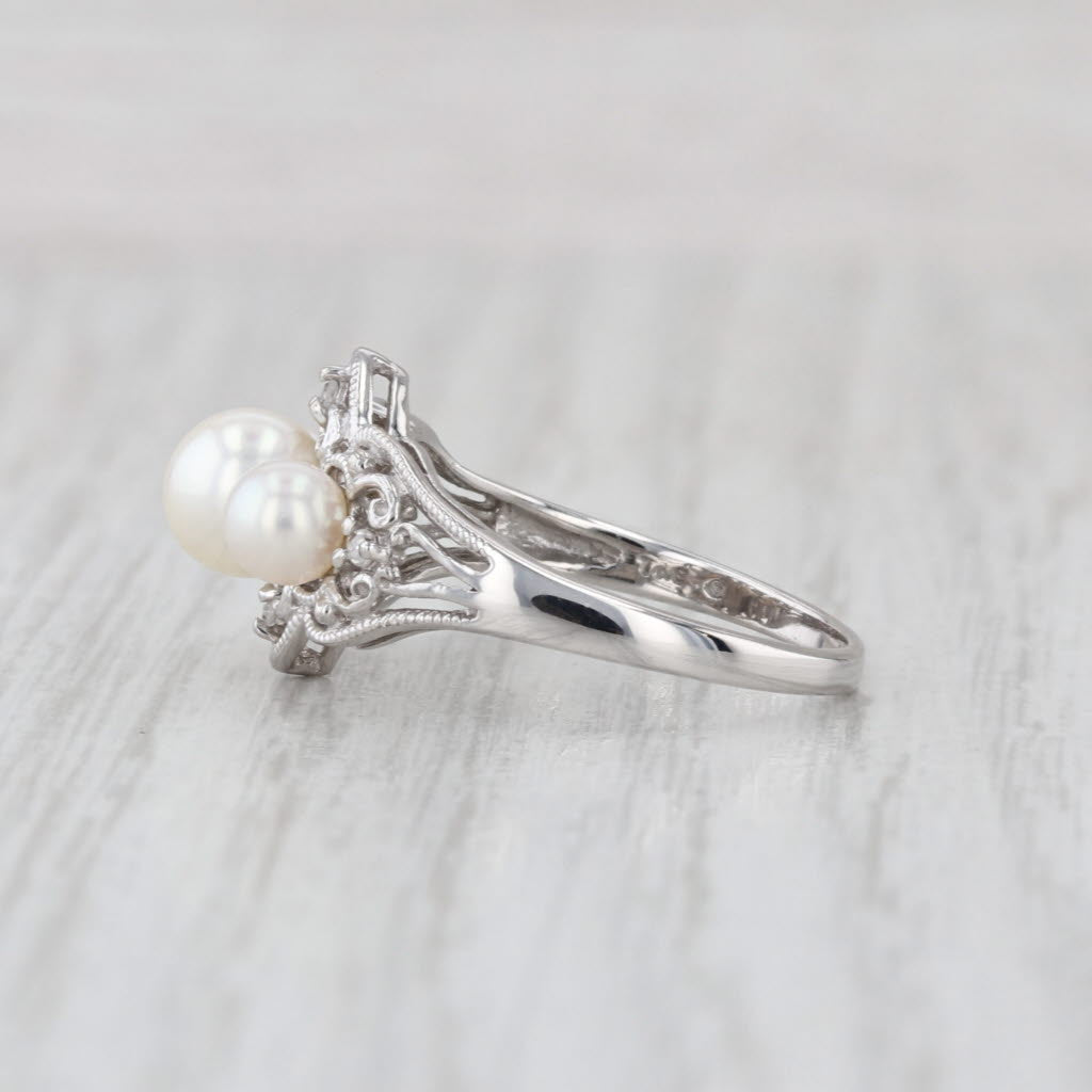 Cultured Pearl 3-Stone Diamond Ring 10k White Gold Size 6.75