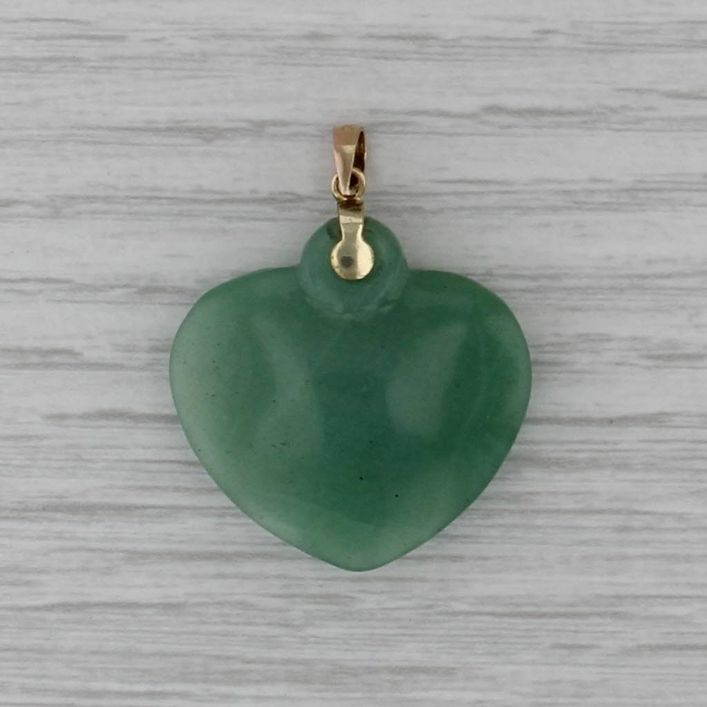 Green Aventurine Quartz Heart Pendant 14k Yellow Gold Double Cabochon