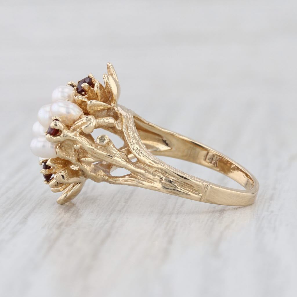 Cultured Pearl Clusters Garnet Flowers Ring 14k Yellow Gold Size 7.5